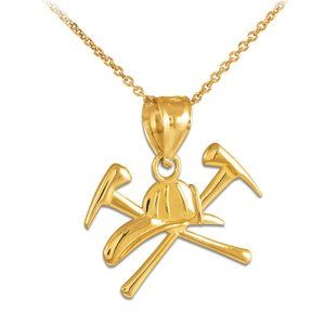 10K Solid Gold Firefighter Axes & Helmet Pendant Necklace